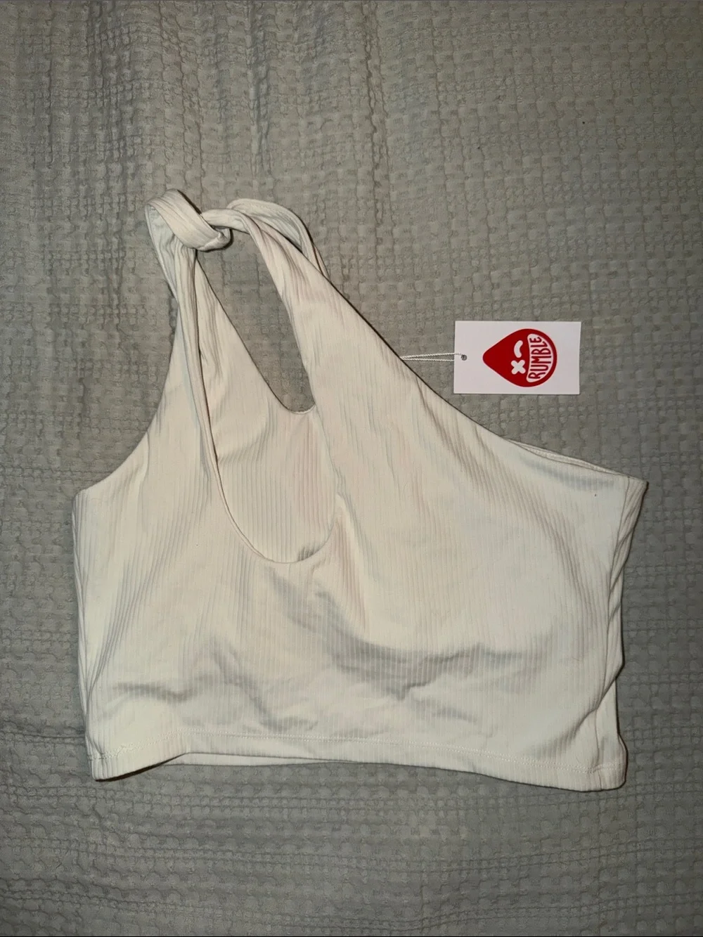 White Ribbed One-Shoulder Crop Tank Rumble Boxing - Picture 2 of 3